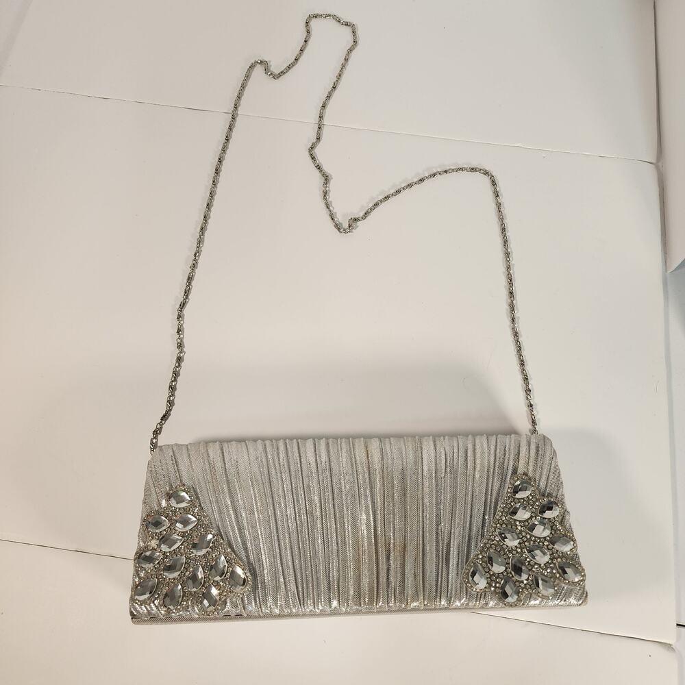 WHITTAL & SHON Evening Clutch Purse Silver Metallic Rhinestone bag Purse (FB1)